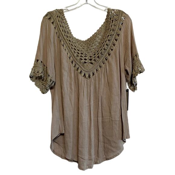 My Emblem Young Contemporary Macrame Crochet Taupe‎ Brown Tunic Blouse M NWT - Picture 1 of 12